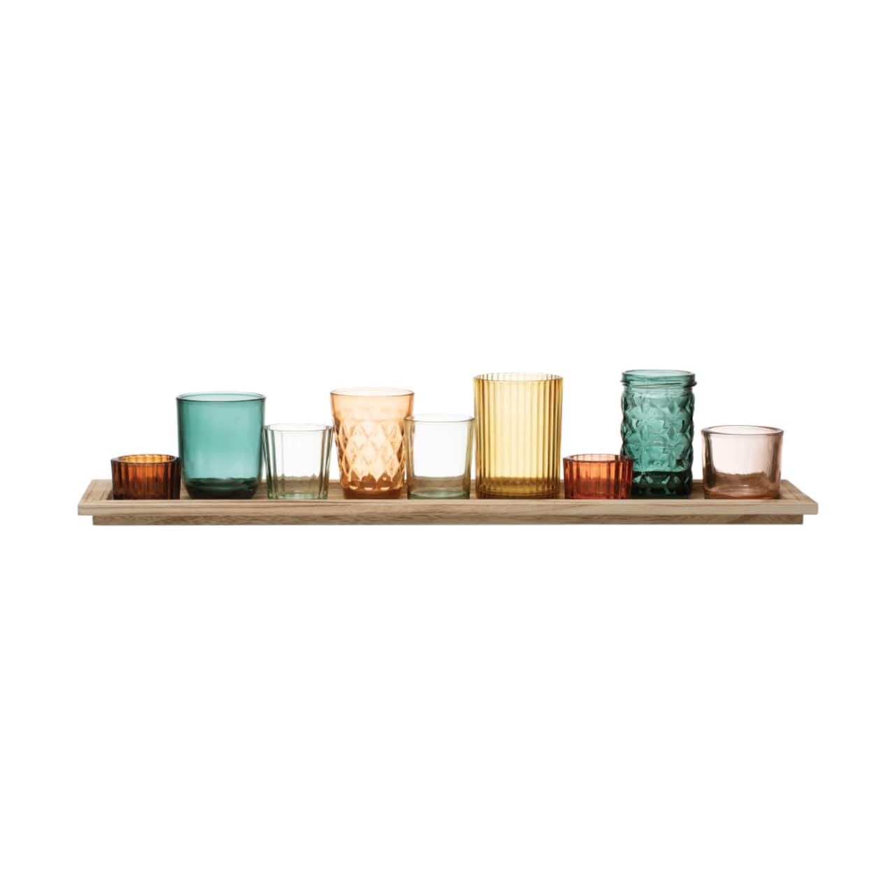 Glass Candle Holders with Wood Tray
